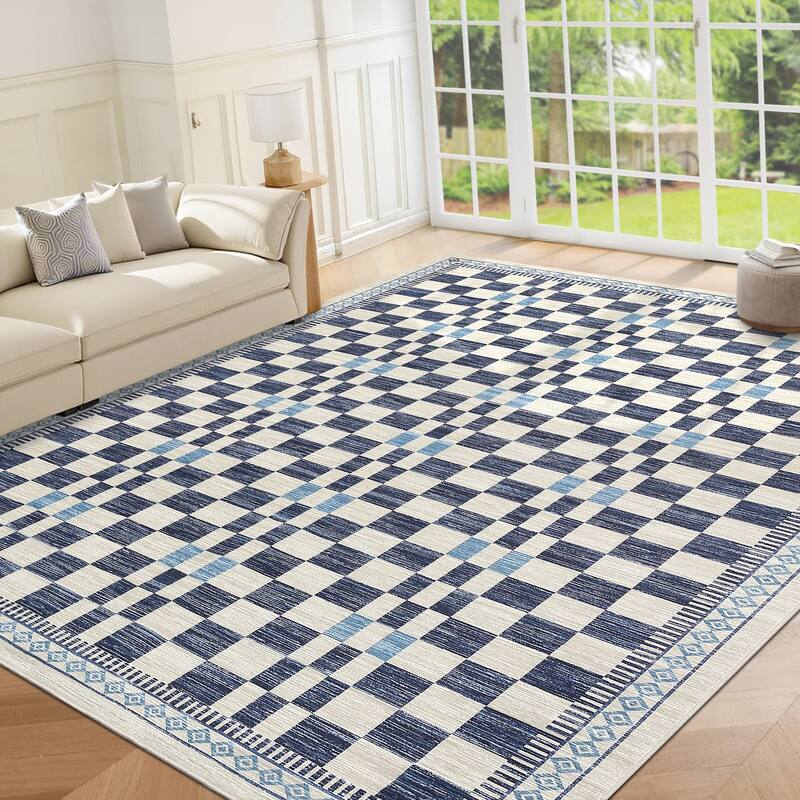 Checkered Area Rugs for Living Room Soft Modern Geometric Rug Non-Slip Low Pile Carpet for Bedroom, Dining Room - 10'x13' - Blue