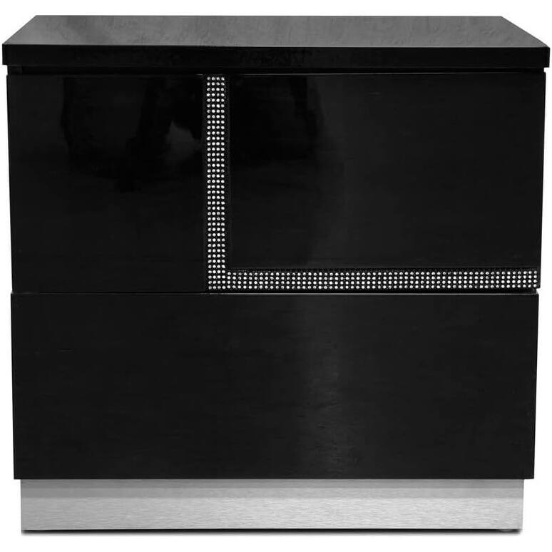 Modern Lacquer Wood Nightstand with Rhinestones, Gloss Finish, Black