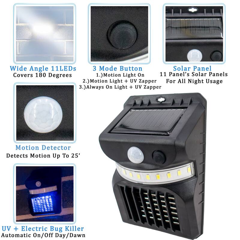 Solar Mosquito Zapper w/ LED Sensor Light UV Patio Insect Deterrent Pest Killer