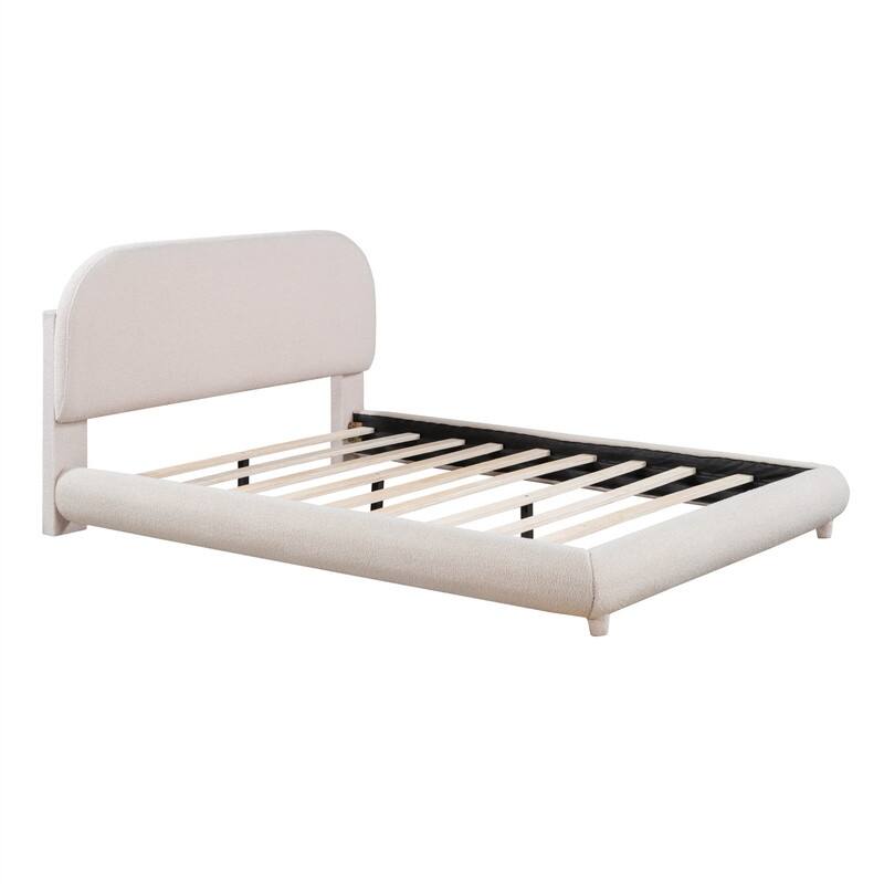 Teddy Fleece Upholstered Bed Frame with Curved Shaped Headboard, Full/Queen Size Platform Bed with Wood Slats Support