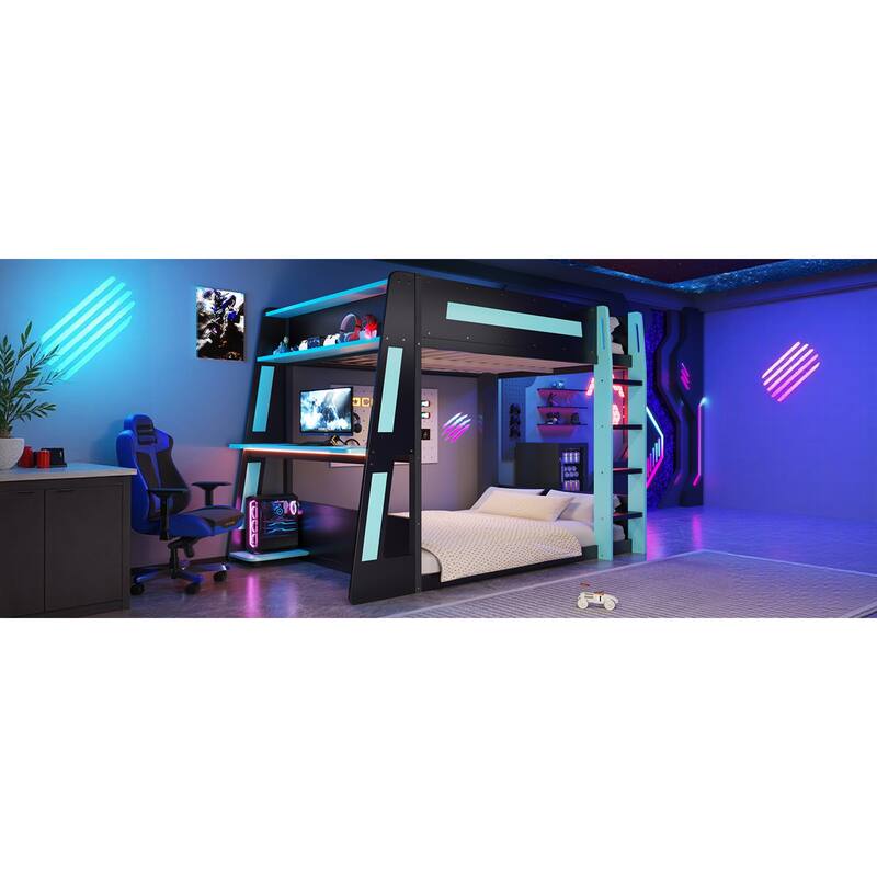 Roomfitters Twin/Full Over Twin Wooden Gaming Bunk Bed with Desk and LED Lights