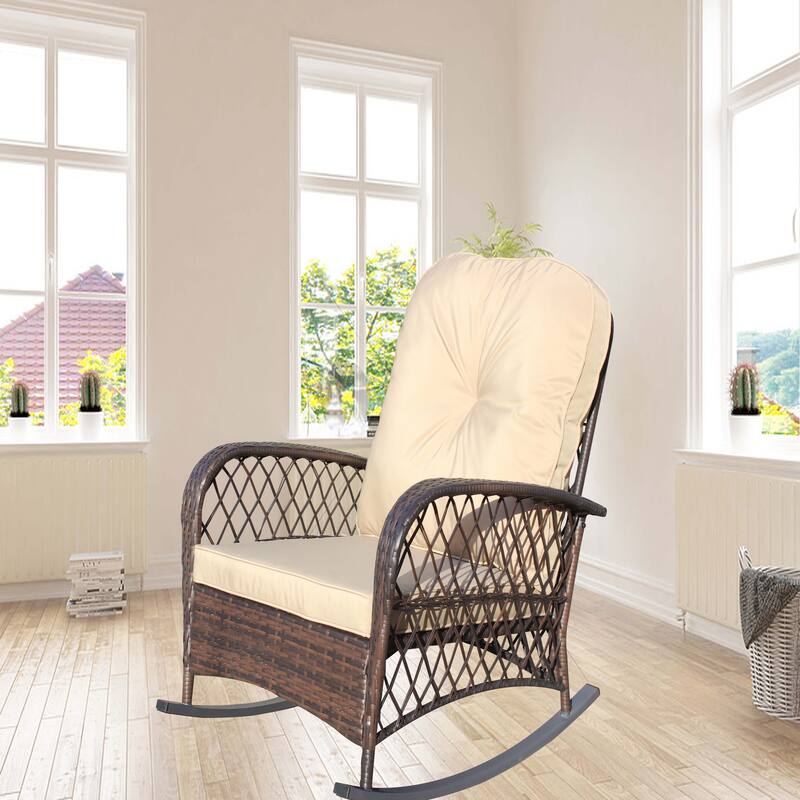 Outdoor Wicker Rocking Chair with Wide Seat, High Weight Capacity for Patio, Garden, Backyard, Beige - Brown