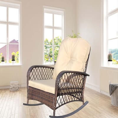 Outdoor Wicker Rocking Chair with Wide Seat, Thick, Soft Cushion, Rattan Rocker w/Steel Frame, High Weight Capacity