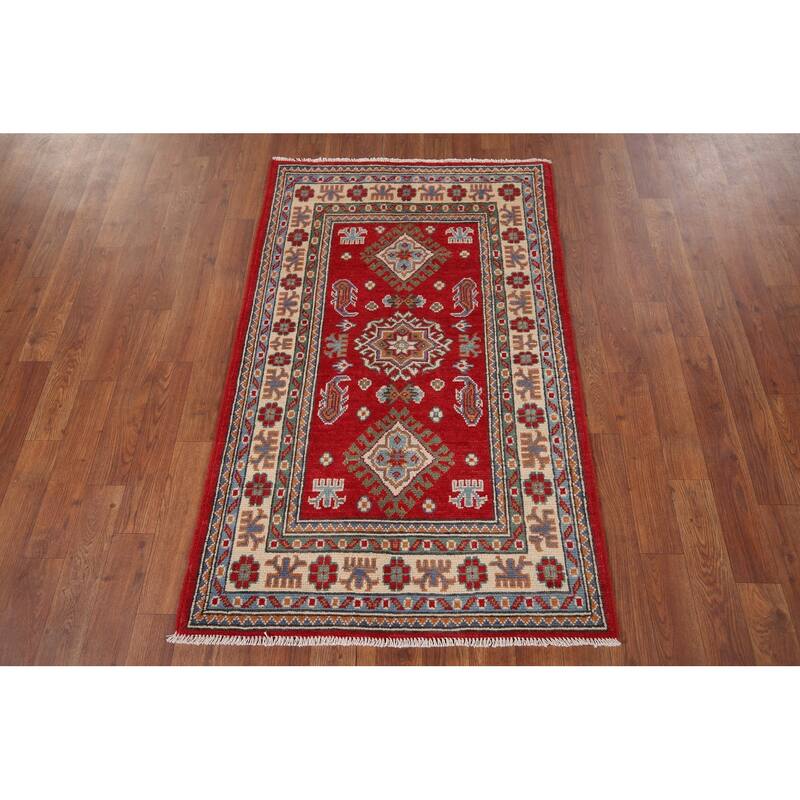 Geometric Red Kazak Oriental Accent Rug Hand-Knotted Wool Carpet - 2'8" x 4'1"