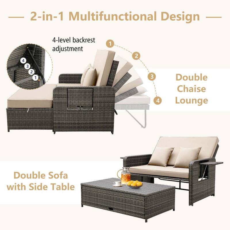 Gymax Rattan Daybed Wicker Loveseat Sofa Set w/ Ottoman & Retractable