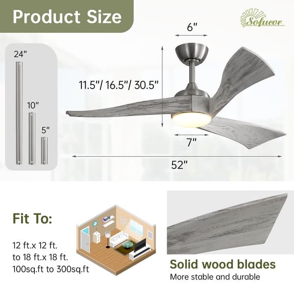 dimension image slide 8 of 13, Sofucor 48/52 Inch Solid Wood Ceiling Fan with Light Optional, 6-Speed Reversible DC Motor and Remote control,Smart Optional