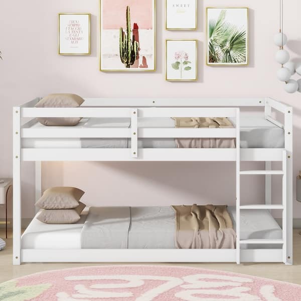 slide 2 of 8, Twin Over Twin Rubber Wood Loft Bed with Ladder and Sturdy Slats White