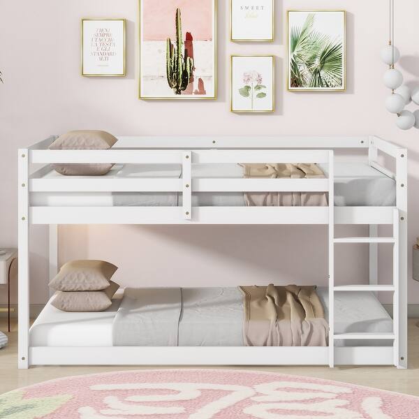slide 2 of 8, White Twin over Twin Size Solid Rubber Wooden Loft Bed with Ladder, Platform of Strengthened Slats White