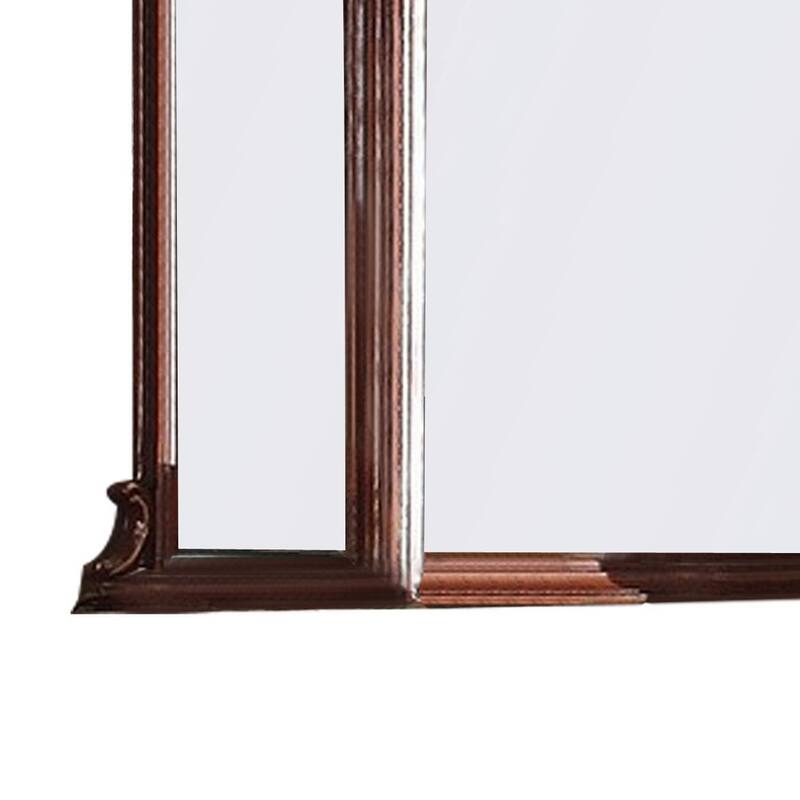 Wooden Frame Mirror with Arched Design and Carved Details, Brown