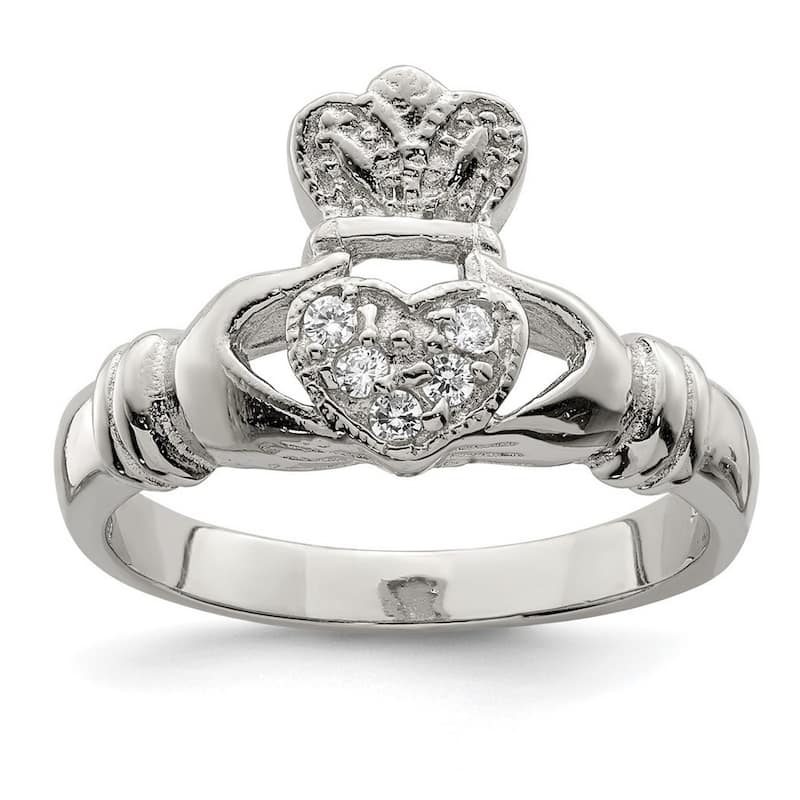 Curata 925 Sterling Silver Polished Open back CZ Cubic Zirconia Simulated Diamond Claddaugh Ring