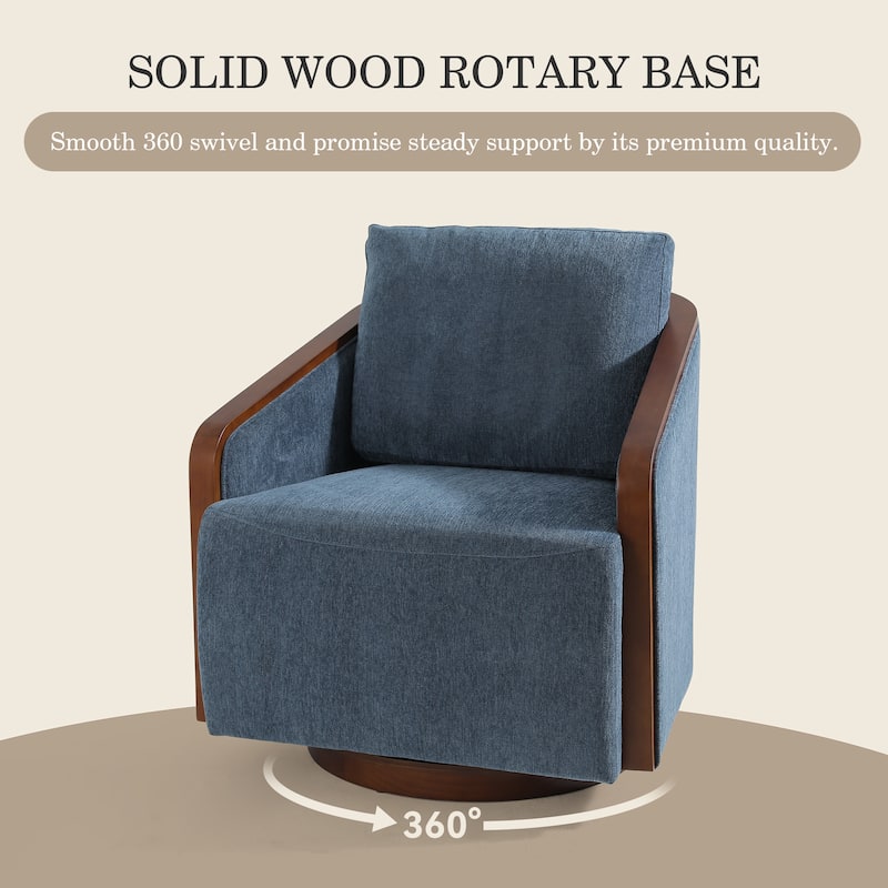Upholstered Swivel Barrel Chair with Curved Wood Arms