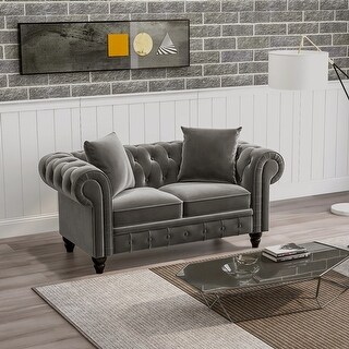 Deep Button Tufted Velvet Loveseat Sofa Roll Arm Classic Chesterfield ...