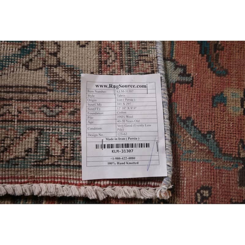 Pink Tabriz Persian Vintage Rug Hand-Knotted Oriental Wool Carpet - 9'9"x 12'10"