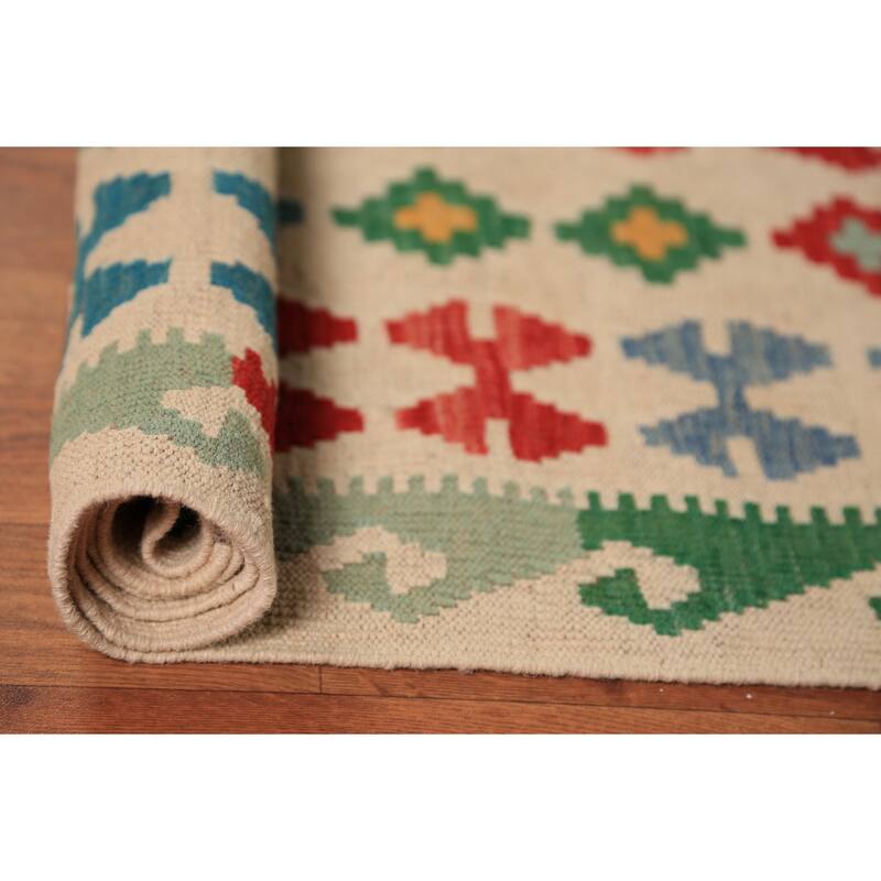 Geometric Trellis Kilim Oriental Rug Hand-Woven Tribal Wool Carpet - 8'9"x 11'4"
