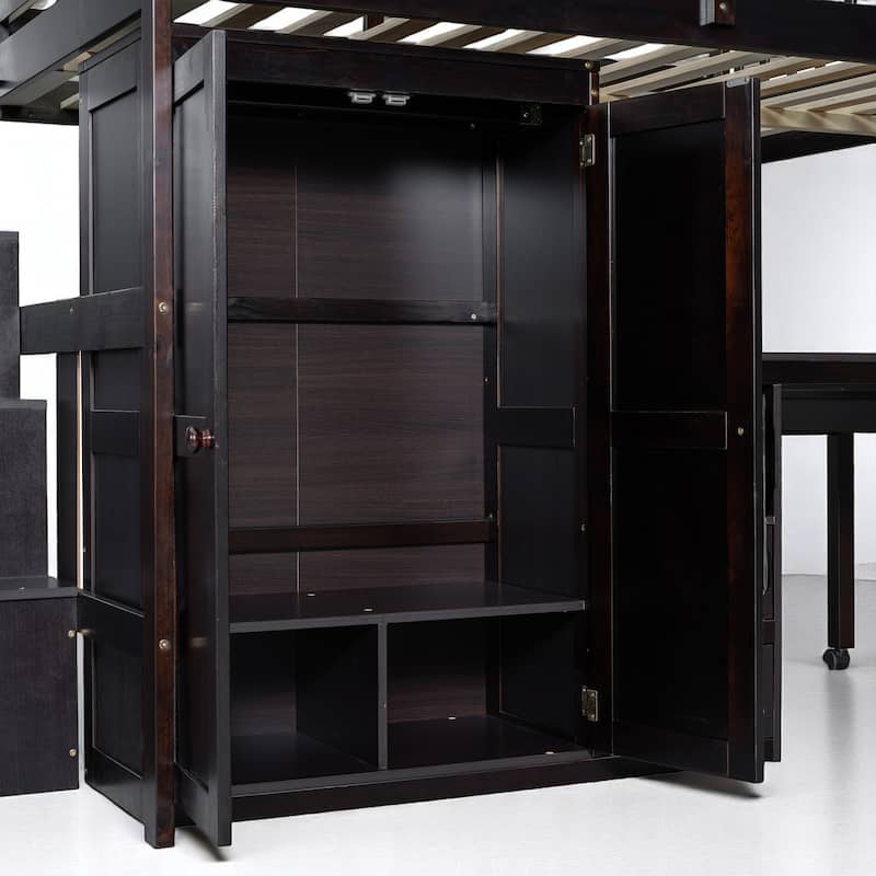 Twin/Full Size Loft Bed with Desk, Wardrobe, Drawers & Stairs, Wood Frame Study Bed with Storage for Kids/Teens
