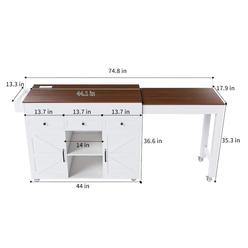 74.8"Kitchen Island with Extendable Dining Table & Power Outlet-Rolling Storage Cart on Wheels with 3 Drawers & 2 Door Cabinet