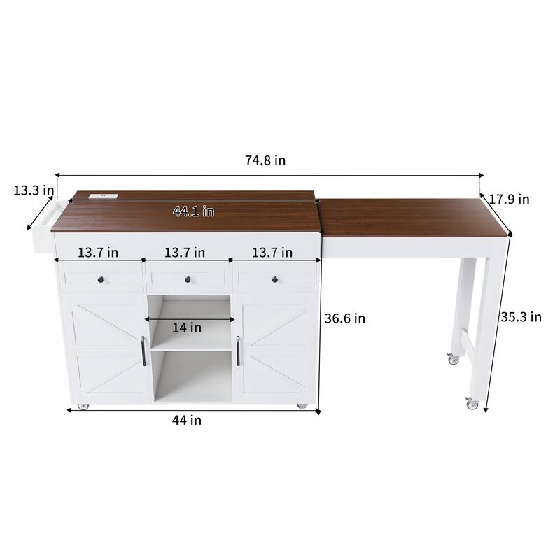Rustic Kitchen Island, White Walnut Breakfast Bar, Mobile Rolling Storage Cart