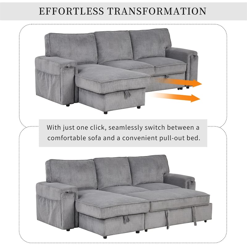 Merax Upholstery Sleeper Sectional Sofa with Storage Bags and 2 Cup Holders