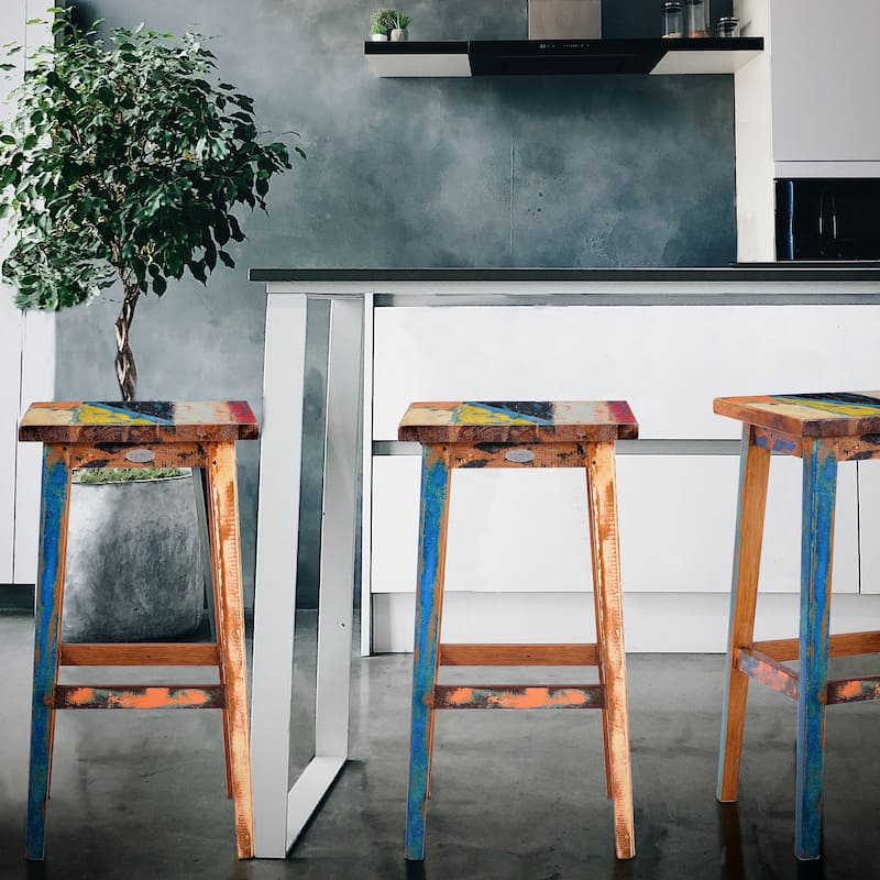 Chic Teak Marina Del Rey Square Recycled Teak Wood Boat Barstool