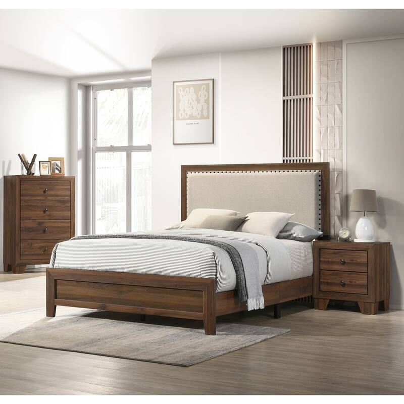 Full Size Brown Cherry Fabric Upholstered Headboard Panel Bed with Tufted Nailhead Trim