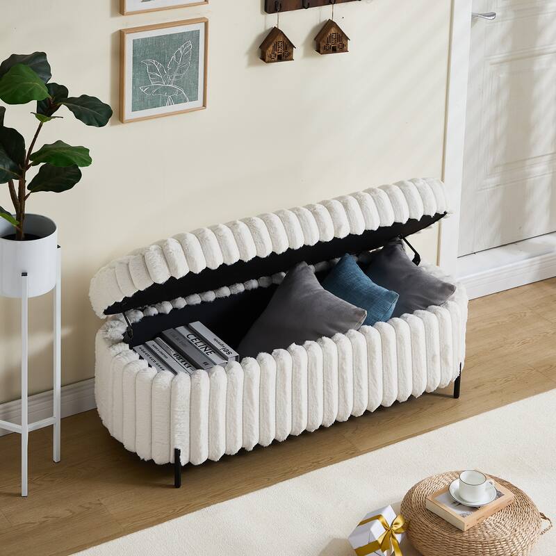 49.2" Curved Flip Top Storage Bench with Metal Legs for Bedroom - Beige