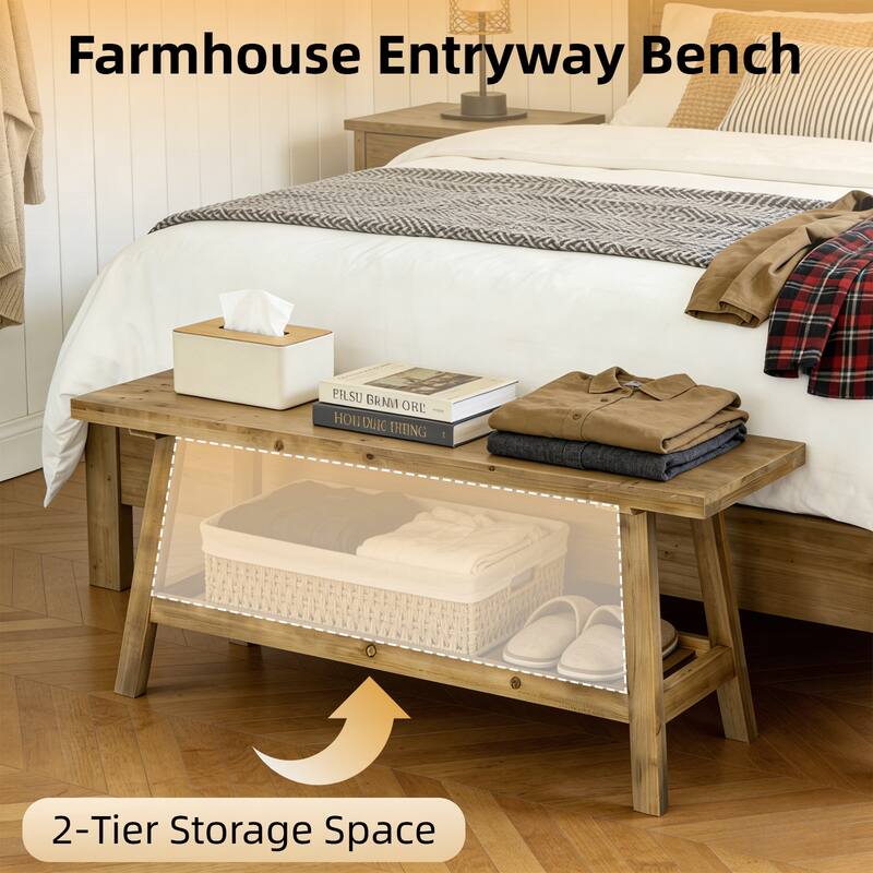 43" Farmhouse Wood Bench, 2-Tier Entryway Bench, Narrow Rustic Storage Bench with Open Storage Shelf for Entryway, Hallway