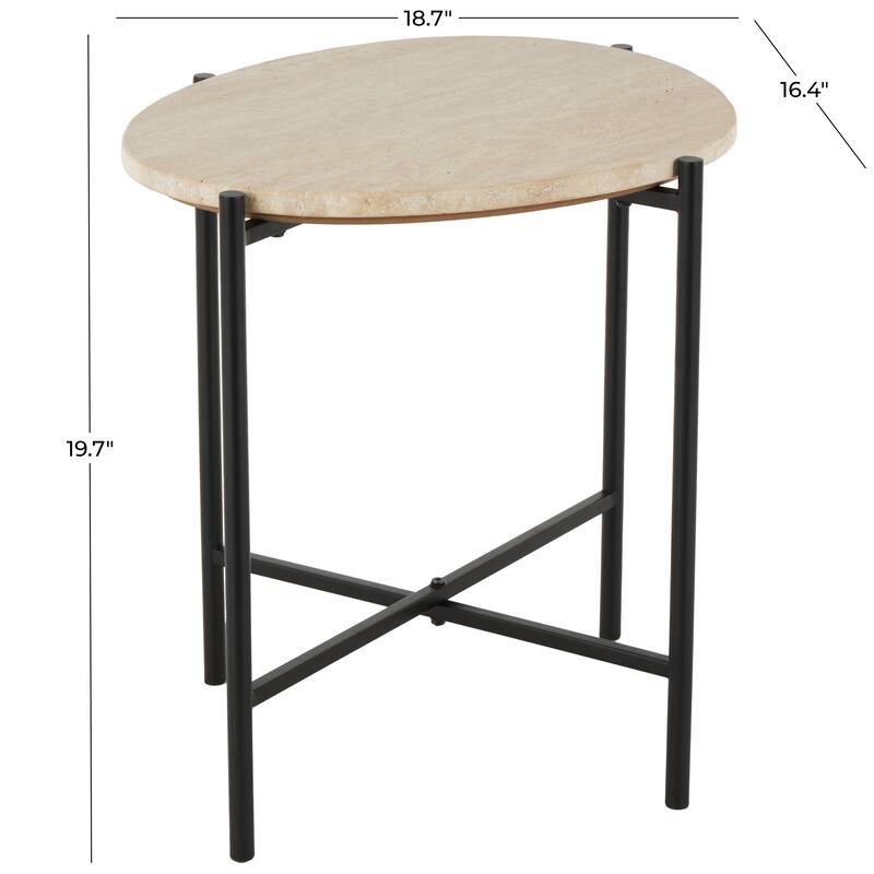 Beige Marble Side End Accent Table with Black Metal Support