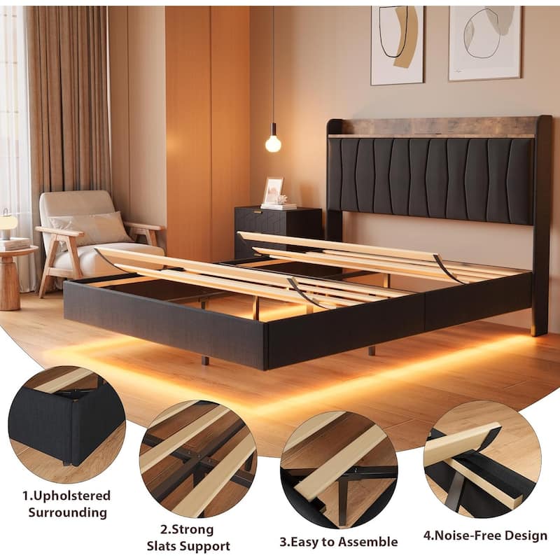 Queen Floating Platform Bed Frame with LED Lights, USB Ports & Upholstered Headboard, Wood Slats, No Box Spring