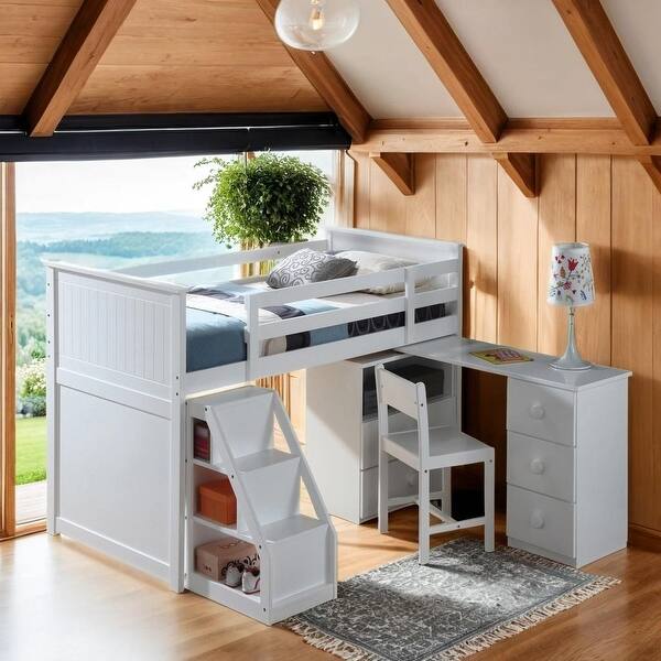 slide 2 of 7, Twin Loft Bed with Built-in Desk and Chest, White White
