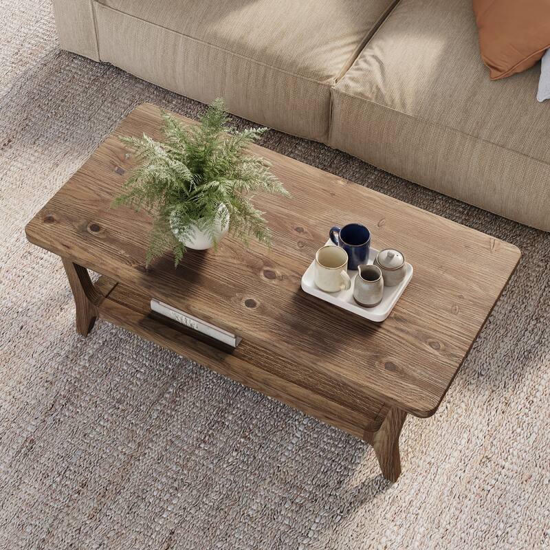 47'' Solid Wood Coffee Table with Open Storage Shelf, Mid-Century Rectangle Center Table