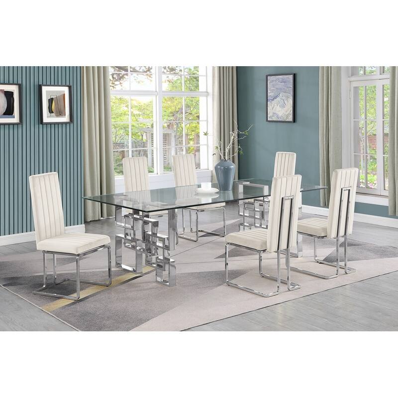 Best Quality Furniture Big Glass Dining Sets - 7pcs - Chrome - Cream 