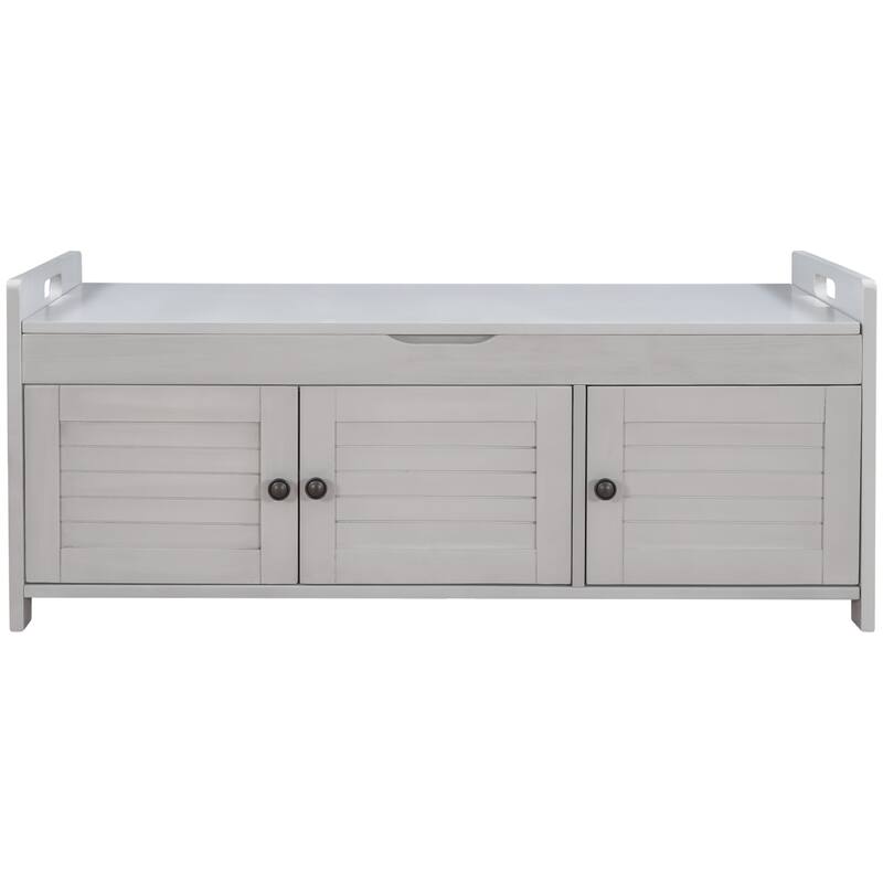 Storage Shoes Bench with 3 Shutter-shaped Doors and Removable Cushion