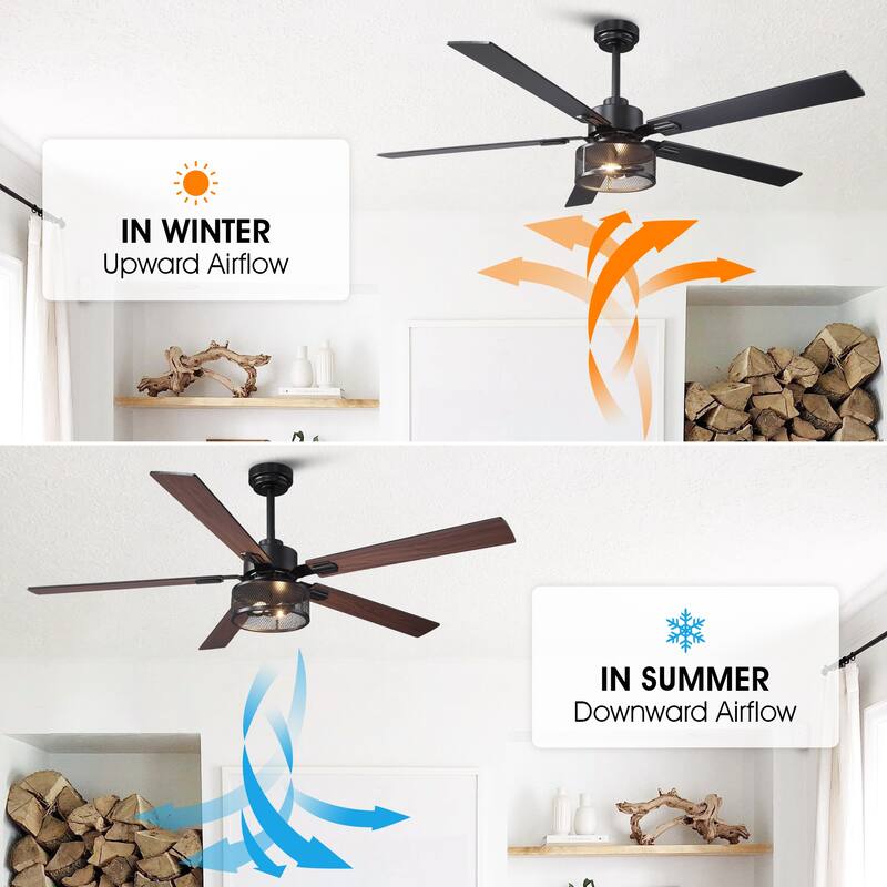 Vaczon 60" Black Reversible Wood 5-Blade Smart Ceiling Fan with Light and APP Control