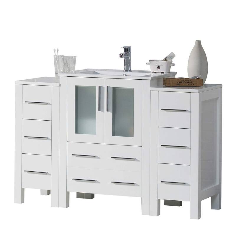 Blossom 48" Solid Wood Bathroom Vanity w/ Ceramic Sink & Side Cabinet - Glossy White