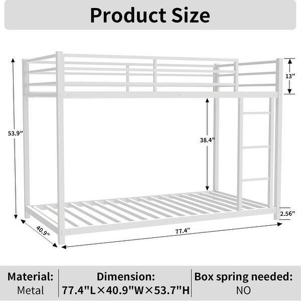 Twin over Twin Bunk Bed, Heavy-duty Sturdy Metal, Noise Reduced, Safety Guardrail, No Box Spring Needed, White