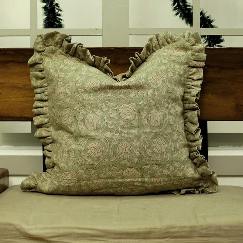 Fabdivine Handmade Block Print Floral Frill Both Side Soft Boho Pure Linen Pillow Cover