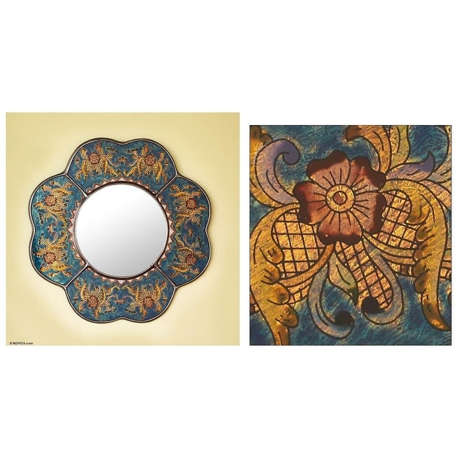 Handmade Reverse Painted Glass Blue Floral Mirror (Peru) - Multi - 16" x 16"