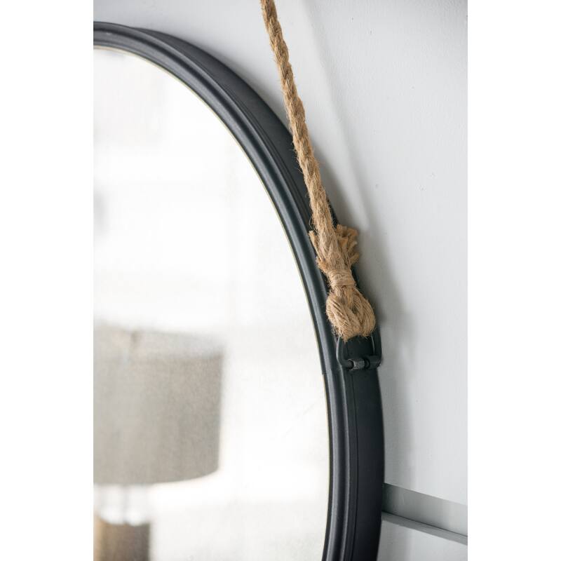 29.5" in On-trend Hanging Round Mirror with Black Framed and with Rope Strap Contemporary Industrial Decor for Bathroom, Bedroom