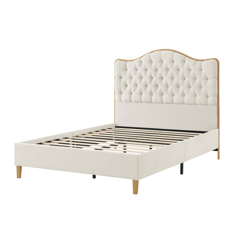 Queen Upholstered Bed Frame with Curved Tufted Headboard