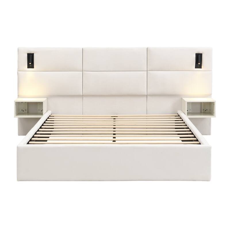 Christopher Knight Home - Mid-Century Modern Chenille Upholstered Smart Bed with Reading Lights & Built-In Shelves