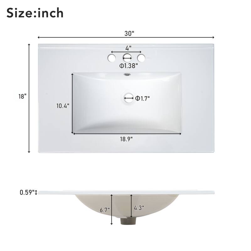 30-inch bathroom vanity with ceramic basin, soft close door and adjustable shelves