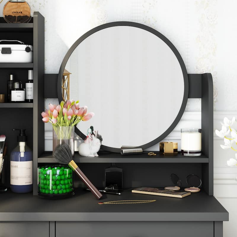 Timechee Makeup Vanity Set with Round Mirror, Drawers & Shelves - White - 31.5''L x 15.7''W x 52''H