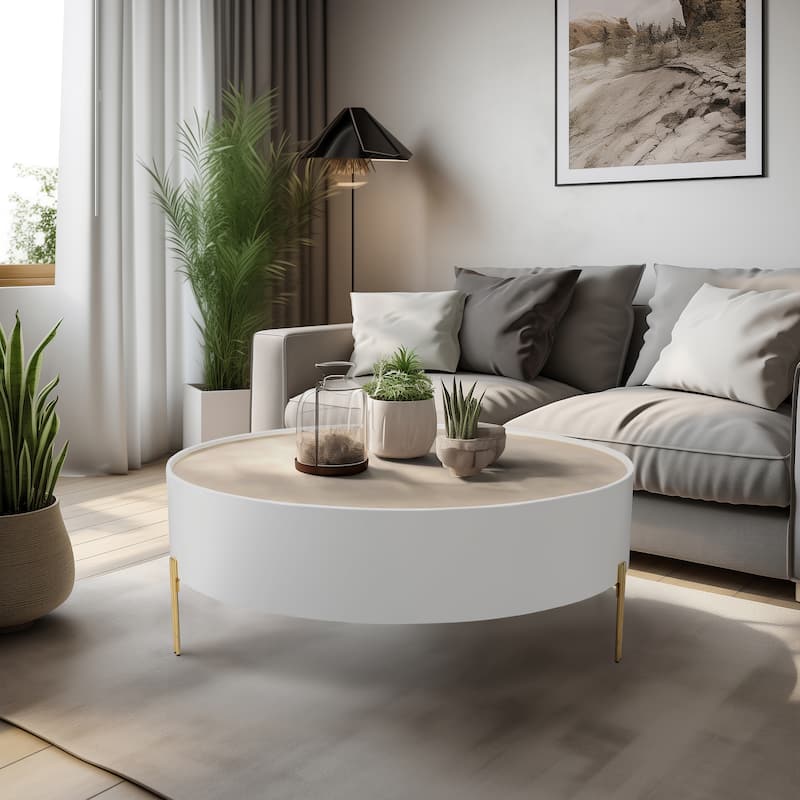 Sagebrook Home Modern Neutral Wood Gold Leaf Round Top Coffee and Accent Table