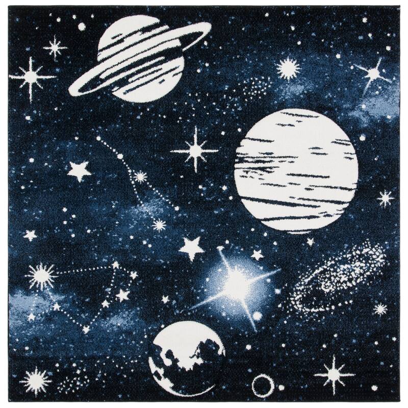 SAFAVIEH Carousel Kids Katre Solar System Rug - 5'3" Square - Dark Blue/Light Blue