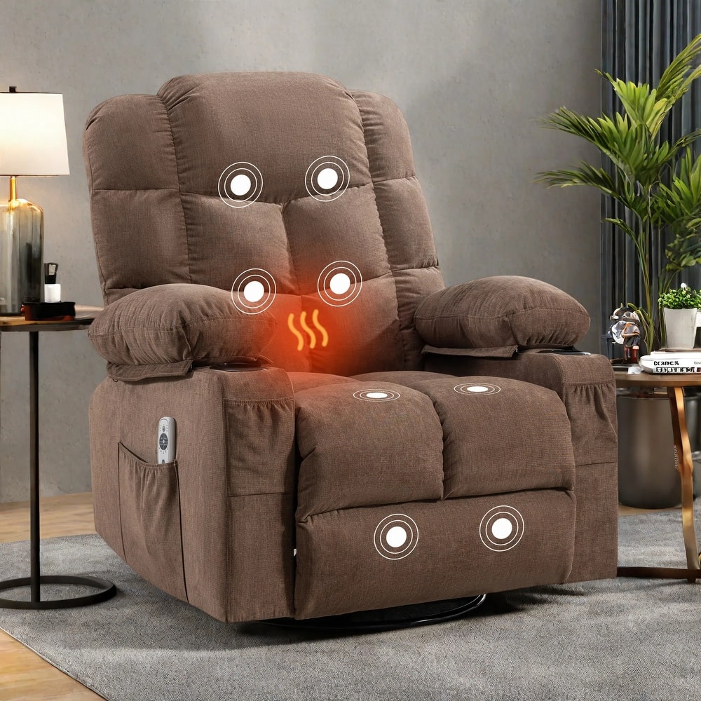 Oversized Linen Manual Rocker Recliner Chair with Massage and Heat, 2 Cup Holders, USB Charge Port