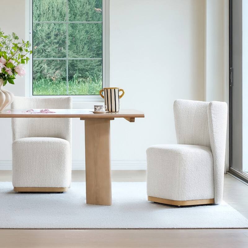 Brian Modern Dining Chairs with Casters&Wood Base Set of 2 - Wingback - Pearl White