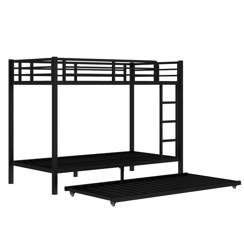 Roomfitters Twin/Full Metal Bunk Bed with Twin Trundle, Space-Saving Design for Teens & Adults, Black
