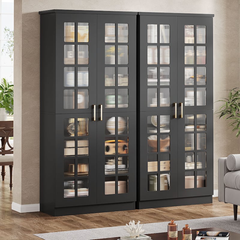 8 Tier Tall Modern Bookcase with Acrylic Doors, Adjustable Shelves