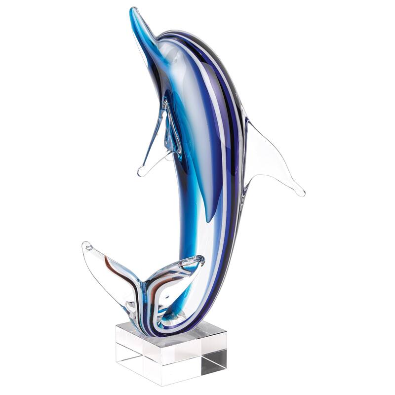 HomeRoots 14" Blue Murano Glass Dolphin Figurine Tabletop Sculpture - 8' X '14' X '9