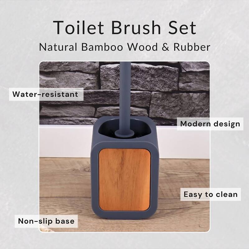 Toilet Brush and Holder Rubber and Wood - 4 L x 3.9 W x 15.2 H